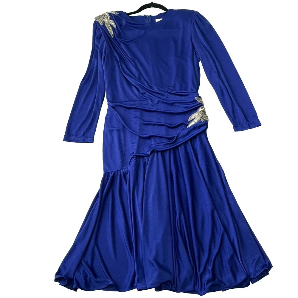 Vintage 80's Women Abby Kent Cocktail Dress Ruched Blue Size 8 Sequins Sequins‎